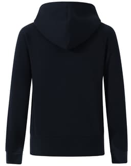 A full-zip fleecy hoodie in navy blue with a hood, featuring raglan sleeves and a fitted hem.