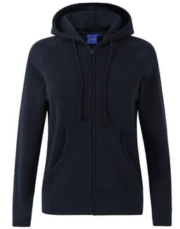 A navy full-zip fleecy hoodie featuring a hood and front pockets, with a logo on the fabric.