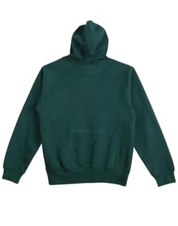 A dark green ladies' fleecy hoodie featuring a hood and a simple design on the back. Includes branding.