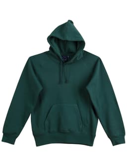 A green ladies' fleecy hoodie featuring a front pocket and a drawstring hood. It has a logo on the tag.