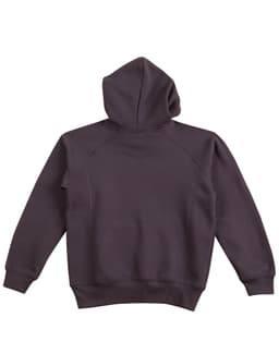 A dark grey ladies' fleece hoodie with a hood and raglan sleeves, featuring a logo.