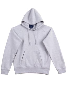 A light grey ladies' fleecy hoodie featuring a kangaroo pocket and a hood, with a logo on the tag.