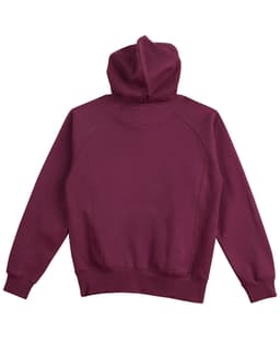 A maroon ladies' fleece hoodie with a hood and long sleeves, featuring a logo on the back.