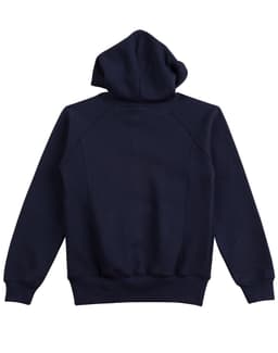 A navy ladies' fleecy hoodie featuring a drawstring hood and ribbed cuffs. Includes a logo on the back.