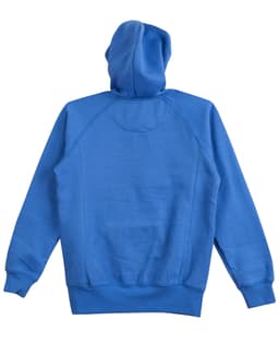 A blue ladies' fleecy hoodie featuring a kangaroo pocket and a hood, with a branding logo present.