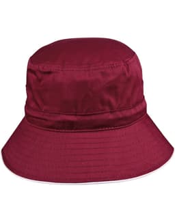 A red bucket hat with a wide brim, featuring a toggle and a logo.