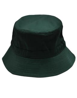 A dark green bucket hat featuring a wide brim and a toggle for adjustment. The hat includes a logo.