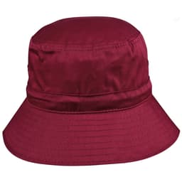 A maroon bucket hat with a wide brim and a toggle fastening, featuring a logo on the side.