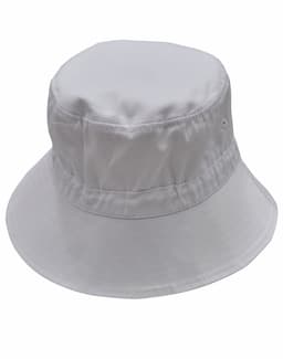 A white bucket hat with a toggle, featuring a wide brim and a structured crown, includes a branding logo.