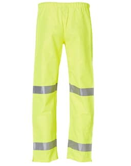 Hi-Vis safety pants in bright yellow featuring reflective 3M tape stripes. Includes an elastic waistband and has branding.