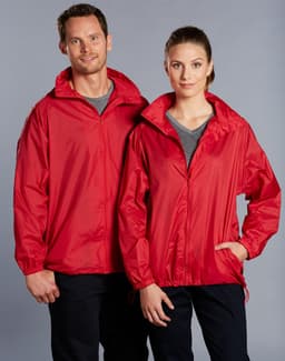 A red outdoor activity spray jacket featuring a zip-up front and adjustable cuffs, displayed on male and female models.