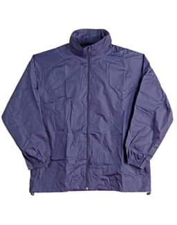 A navy outdoor activity spray jacket with a high collar and zip fastening, featuring elastic cuffs and a logo.