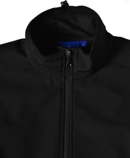 A black ladies softshell hi-tech jacket featuring a high collar and front zip. The jacket includes a logo.