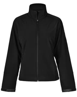 A black softshell jacket featuring a high neck, zip closure, and pockets, with a logo on the sleeve.