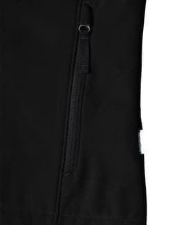 A black softshell hi-tech jacket featuring a zippered pocket and a logo.