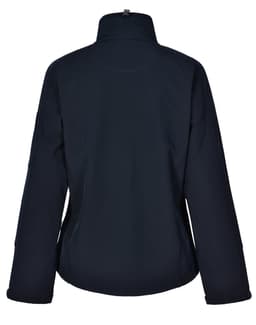 A softshell women's jacket in dark navy, featuring a high collar and long sleeves, with a logo on the back.