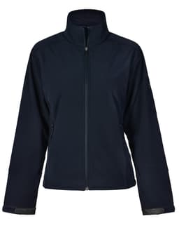 A navy softshell jacket with a high collar and zip closure, featuring side pockets and a logo on the sleeve.