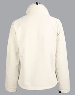 A softshell jacket in cream, featuring a high collar and a logo on the back. Classic and stylish design.