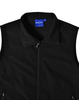 A black men's softshell hi-tech vest with a zippered pocket and a collar, featuring a logo tag.