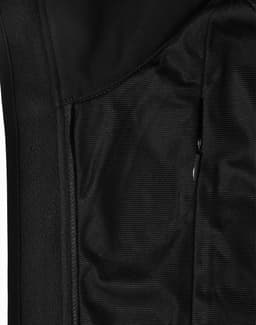 A close-up of a black men's softshell hi-tech vest, featuring a textured fabric and a zippered pocket.
