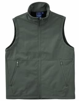 A men's softshell vest in dark green, featuring a zip front and two side pockets. Includes a logo on the chest.