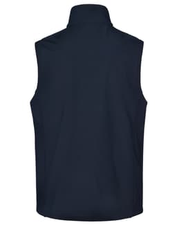 A navy men's softshell hi-tech vest featuring a high collar and a logo on the back.