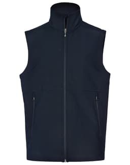 A men's softshell hi-tech vest in navy blue, featuring a zip-up front and two side pockets. Includes a logo.