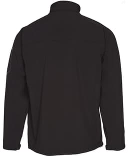 A black softshell jacket featuring a high collar and a logo on the sleeve. The back view displays a sleek design.