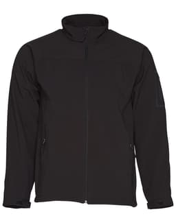 A black softshell jacket with a zippered front and side pockets, featuring a logo on the arm.