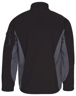 A softshell jacket in black with grey contrast panels, featuring a logo on the sleeve.