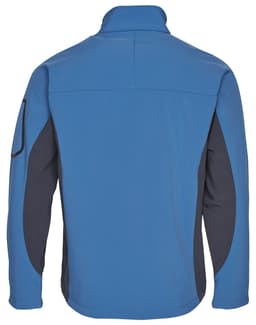 A blue and black men's softshell jacket with a high collar and a logo on the back.