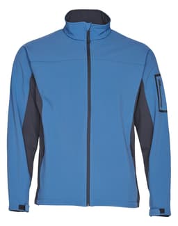 A blue and black Men's WHISTLER Softshell Contrast Jacket with a front zipper and a logo on the sleeve.