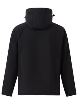 A black softshell full zip hoodie for kids, featuring a hood and a simple design with a logo.