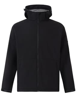 A black kids' softshell full zip hoodie with a grey interior and a zippered front. It features a stand-up collar and a logo.