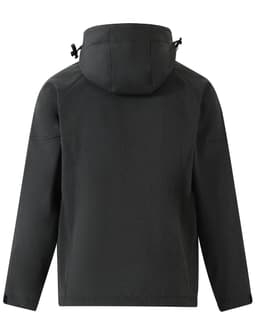 A dark grey kids' softshell full zip hoodie with a hood and adjustable features. It includes a logo.