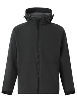 A softshell full zip hoodie in dark grey, featuring a hood and zippered pockets, with a logo on the chest.
