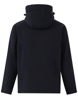 A navy blue kids' softshell full zip hoodie with a hood and a logo on the back.