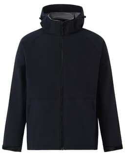 A kids' softshell full zip hoodie in navy blue, featuring a grey interior and a logo on the chest.