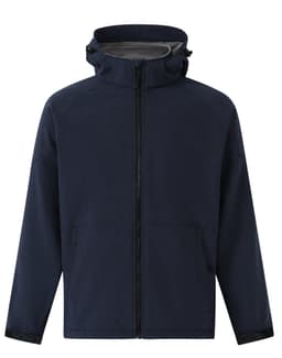A navy blue softshell full zip hoodie featuring a grey interior and a hood, with a logo on the front.