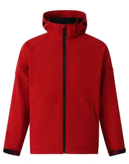 A red kids' softshell full zip hoodie, featuring a high collar and black trim, with a logo on the front.