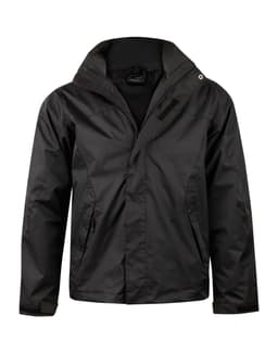 A black ladies' versatile jacket featuring a hood and zip pockets, with a logo on the front.