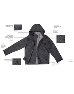 A black versatile vest with a detachable hood, adjustable drawcords, and metal storm flap stoppers. It features a logo.
