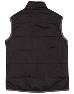 A black ladies' vest with a sleeveless design and a standard collar, featuring a branding logo.