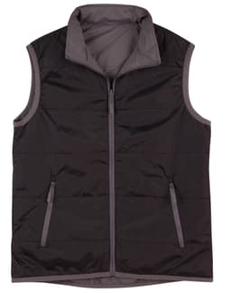 A black and grey versatile vest with a zip front, featuring side pockets and a high collar.