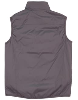 A grey ladies' vest featuring a collar and no sleeves, with gathered detail on the sides. It has a logo.