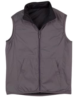 A grey versatile vest with a zippered front and two front pockets, featuring a collar and a branded logo.