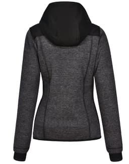 A ladies' jacket with a heather grey and black quilted design, featuring a hood and fitted silhouette.