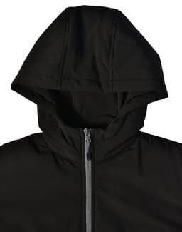 A black women's quilted jacket featuring a hood and a front zip, with a logo on the design.