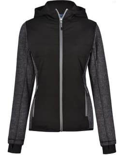 A ladies' black heather sleeve and quilted body jacket with a hood and zippered front pockets.