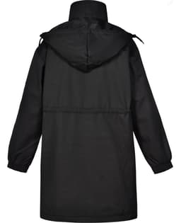 A black long line stadium jacket with a hood and elastic cuffs, featuring a cinched waist and a logo.